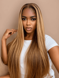 Petaluxe Straight Honey Blonde Highlight Lace Wigs Virgin Human Hair Wigs Pre Plucked With Baby Hair