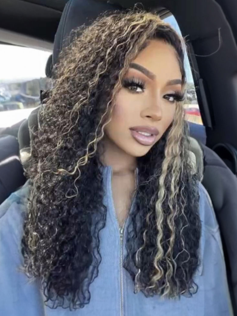[22"=$113] Pre-Cut 6x4.5 Glueless Lace Honey Brown Highlights Jerry Curly Wig With Bleached Knots 180% Density