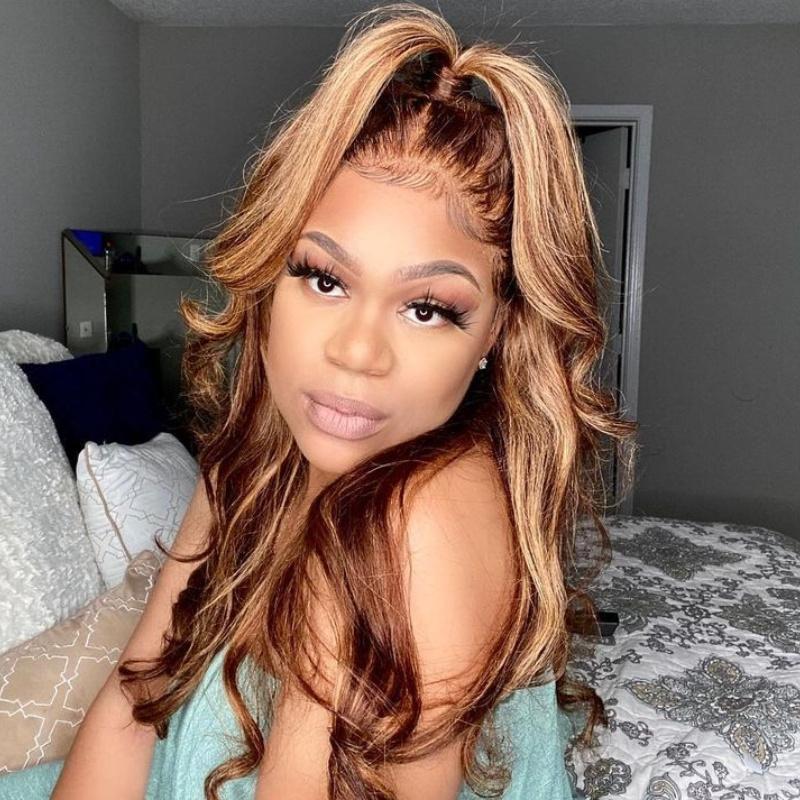[Free Hair Towel] 4x4 Lace Honey Blonde Highlight Body Wave Wig