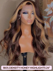 [All 24"=$149] 200%/ 180% Density 13x4 Front Lace Chocolate Brown/ Honey Highlights/ Burnt Orange Wigs