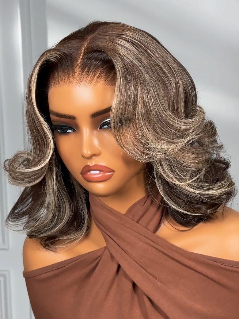 [With Drawstring] 13x4 Pre-Everything? Pre-Cut Lace Frontal Dark Brown with Face Framing Highlights Layered Cut Bob Wig