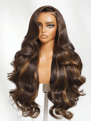 7x5 Bye-Bye Knots™ & 13x4 Pre-Everything™ Lace Front Espresso Brown With Highlights Loose Wave Wig