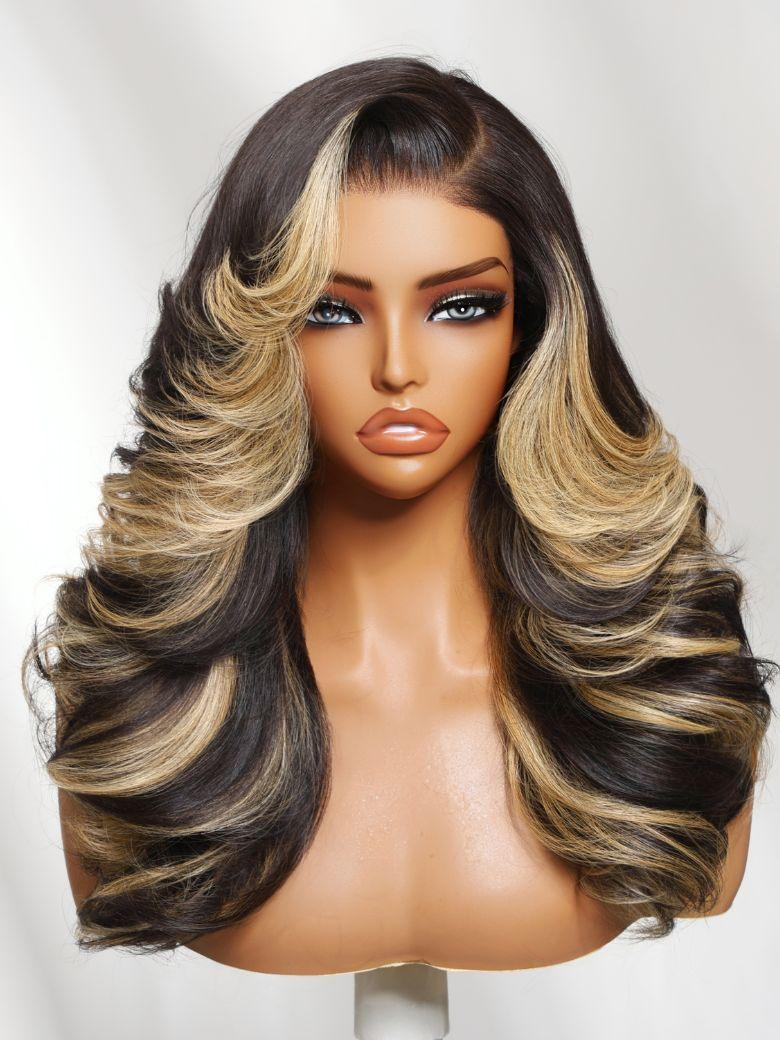 7x5 Bye-Bye Slip? Lace Black With Platinum Blonde Highlights Side Part Loose Curls Wigs With Feathered Hair