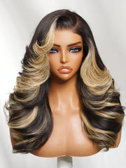 7x5 Bye-Bye Slip? Lace Black With Platinum Blonde Highlights Side Part Loose Curls Wigs With Feathered Hair