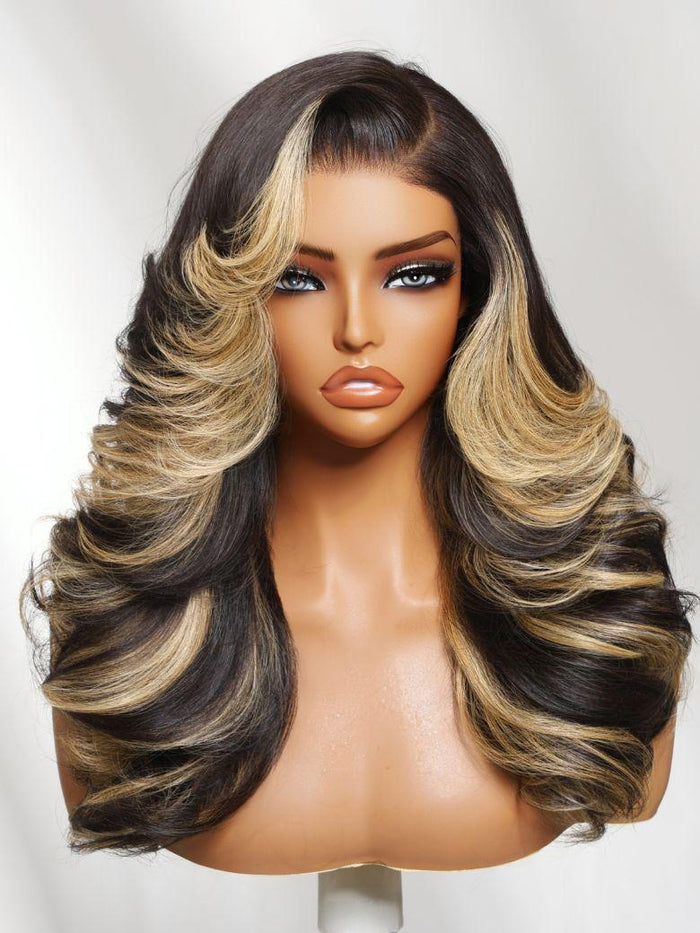 Petaluxe 7x5 Bye-Bye Slip? Lace Black With Platinum Blonde Highlights Side Part Loose Curls Wigs With Feathered Hair