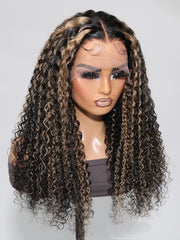 13x4 Lace Front Black Curly Wig With Blonde Piano Highlights