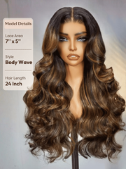 7x5 Bye Bye Knots? Wig Glueless Lace Balayage Highlight Body Wave Drawstring & Curtain Bangs Wig