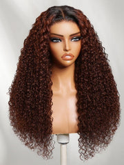 13x4 Bye Bye Slip? Lace Frontal Brown with Caramel Highlights Glueless Curly Wig with Dark Roots