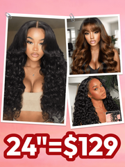 20"-24" 13x4/7x5 Lace Yaki Loose Wave/Water Wave Curly/Loose Wave With bangs Wig & Invisi Drawstring