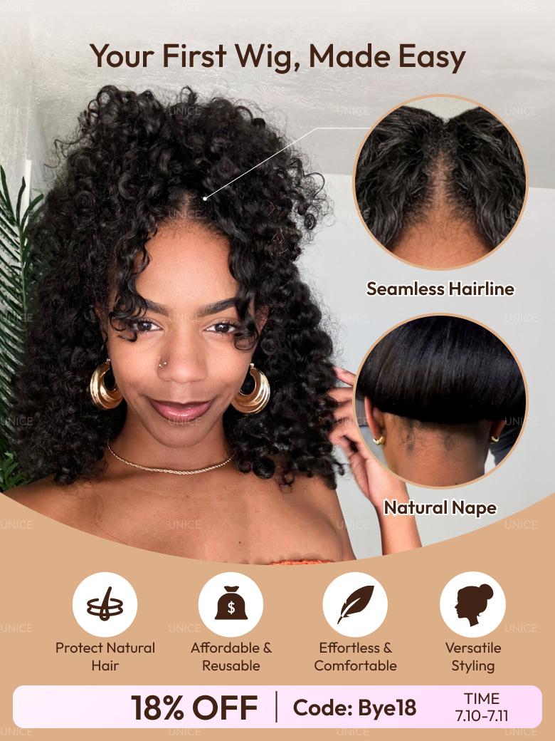 EasiContour? V Part Black to Chestnut Brown Jerry Curly Drawstring Wig 150% Density Protect Your Natural Hair