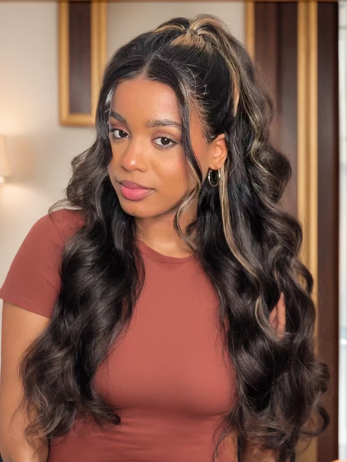Petaluxe 13x4 Lace Front Wig Chocolate Brown With Peek A Boo Blonde Highlights Body Wave Super Secure