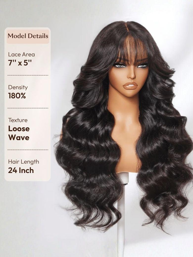[Hottest New Arrival] 13x4 Pre-Everything Lace Frontal Black Fluffy Natural Loose Wave Curtain Bangs Wig