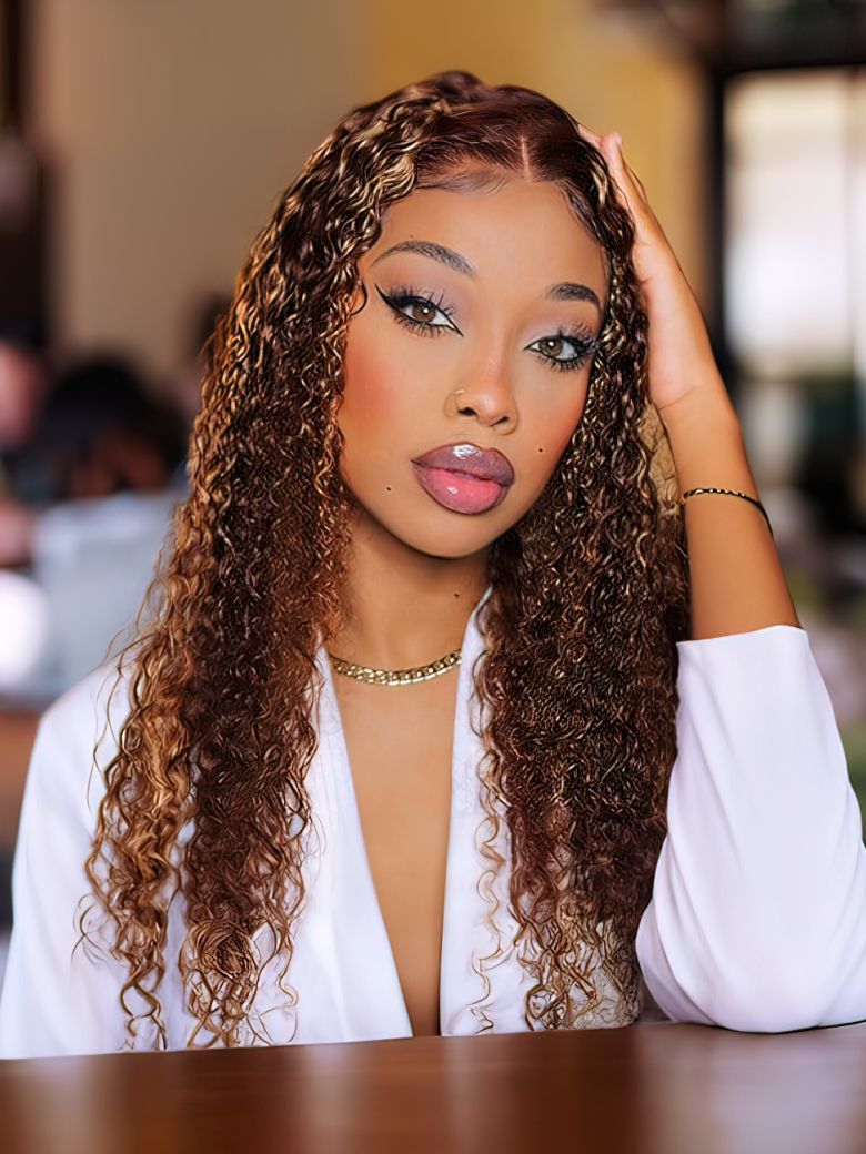 13x4 Lace Frontal Dark Brown Balayage Highlights Jerry Curly 13x4 Lace Wig 150% Density