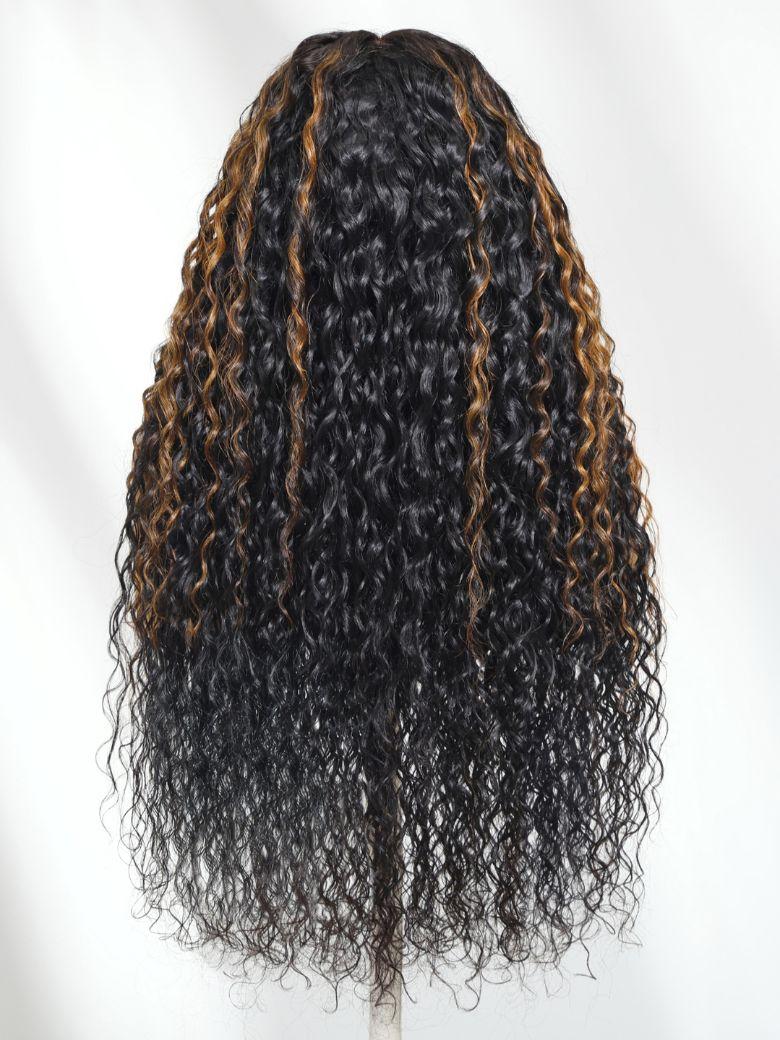 [Pay 22" Get 24"]Bye-Bye Knots? 7x5 Lace Black with Caramel Piano Highlights Water Wave Wig With Invisi Drawstring 150% Density