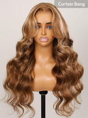 13x4 Pre-Everything? Lace Frontal Honey Blonde Highlights Fluffy Loose Wave Curtain Bangs Wig