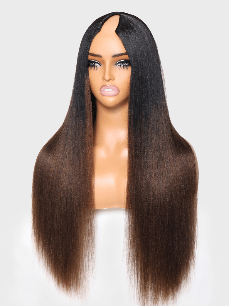 EasiContour? V Part Black to Chestnut Brown Ombre Yaki Wig With Invisi Drawstring 150% Density