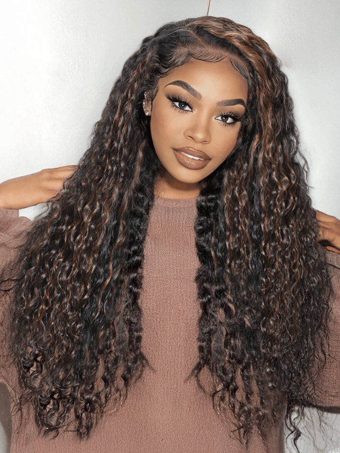 Petaluxe [18"-24"] 7x5 Bye-Bye Knots Lace Water Wave Black Wig With Golden Brown Highlights
