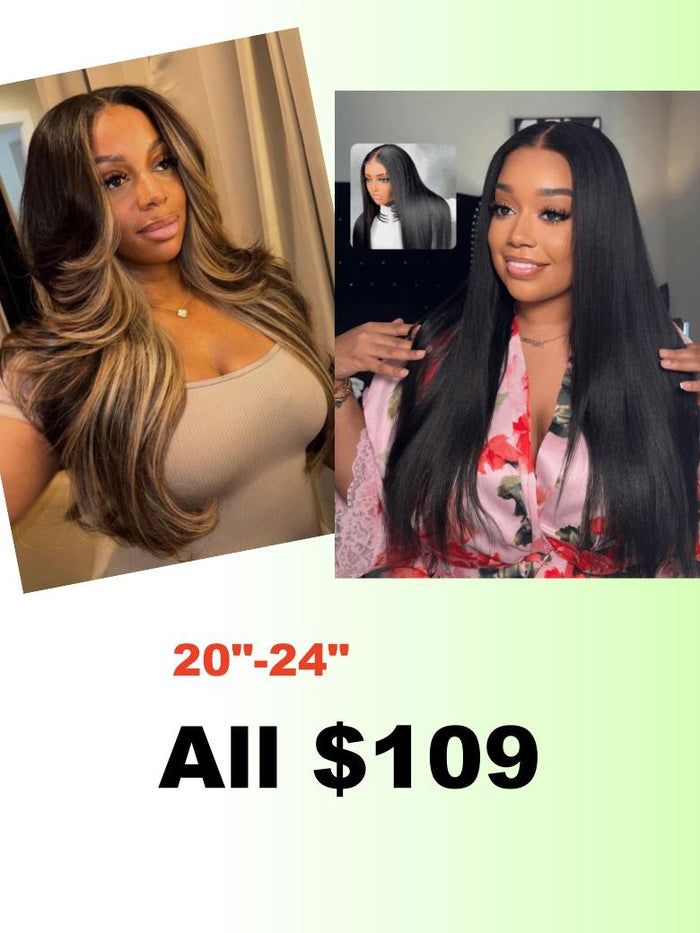 Petaluxe [24"=$109] 7X5 Black /4x4 Pre Cut Yaki Straight Wig Ombre Chestnut Brown& Honey Blonde Higlight 2 Styles In 1 Put On And Go Wig