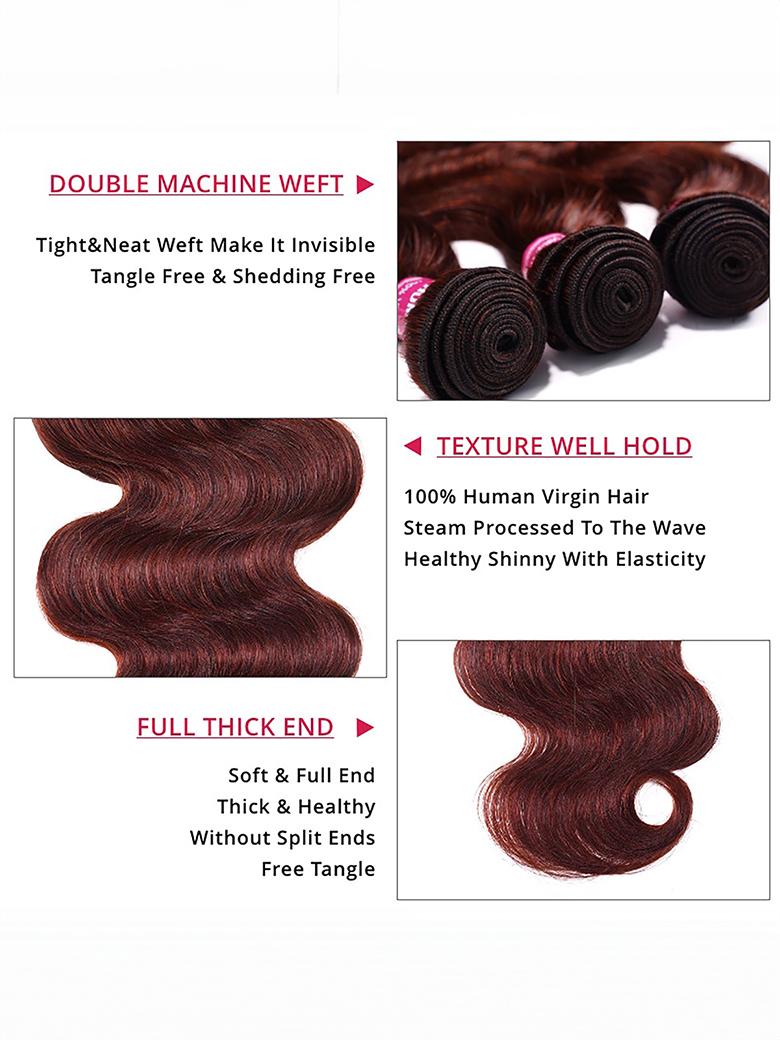 Dark Auburn Body Wave Remy Human Hair 4 Bundles With Closure Deal