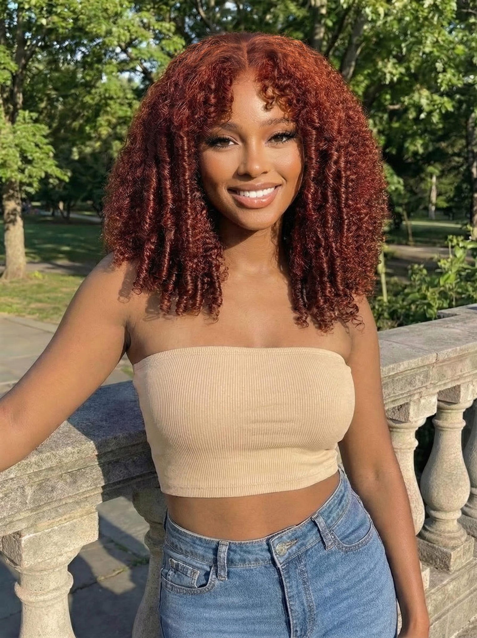 [Today $89] 7x5 Bye-Bye Knots? Wig Glueless Lace Sunset Reddish Brown Jerry Curly/ Afro Kinky Curly Drawstring Wig & Yaki Straight Wig