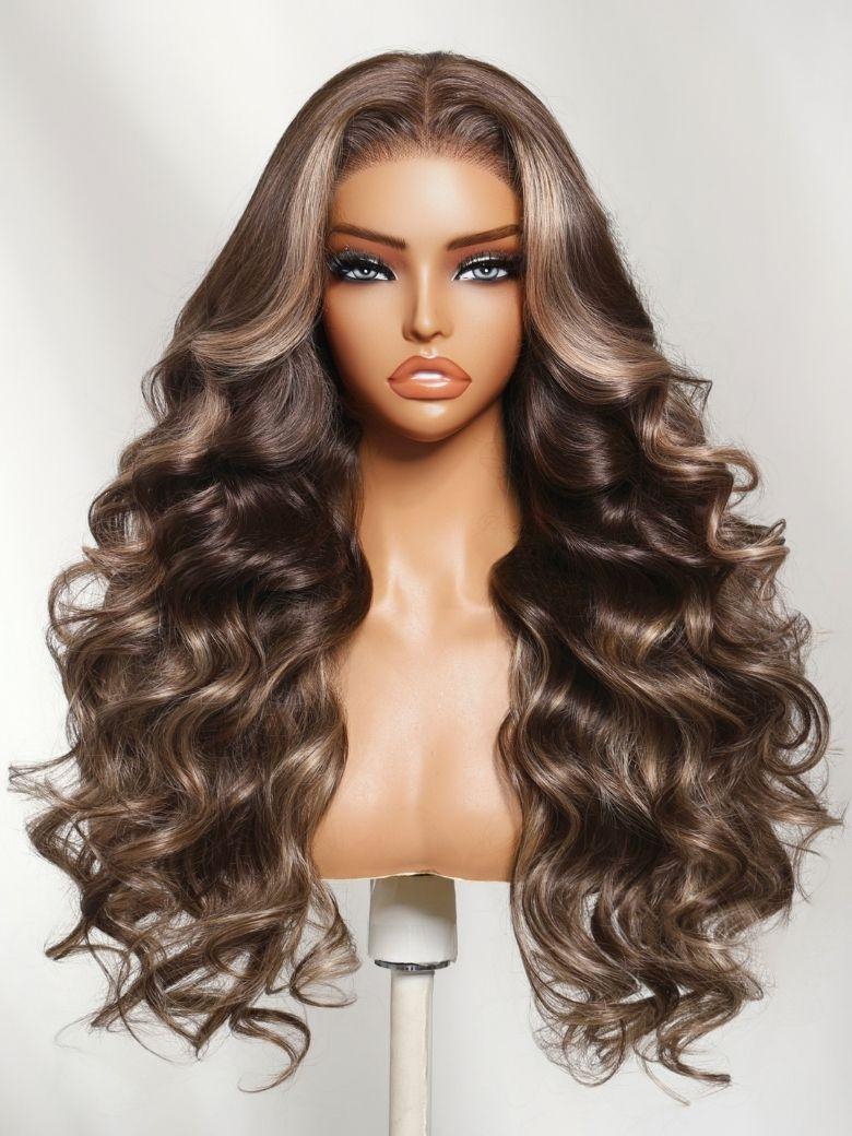 7x5 Bye-Bye Knots? & 13x4 Pre-Everything? Lace Frontal Pull And Go Black Fluffy Natural Loose Wave Curtain Bangs Wig with Free Ear Tape