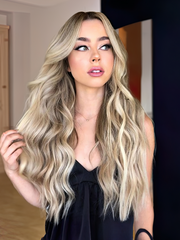 Honey Blonde Dark Roots Highlights Wavy Hair Wig