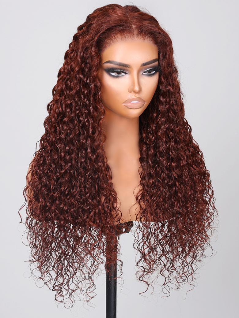 [From 18"] 6X4.5 Pre-Cut Lace Reddish Brown Water Wave Put On And Go Air Wig 150% Density