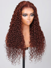 [From 18"] 6X4.5 Pre-Cut Lace Reddish Brown Water Wave Put On And Go Air Wig 150% Density
