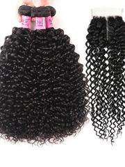 Hair Curly Human Hair 3 Bundles With T Part Lace Closure Virgin Hair Curly Bundles With Closure Full Head Natural Black