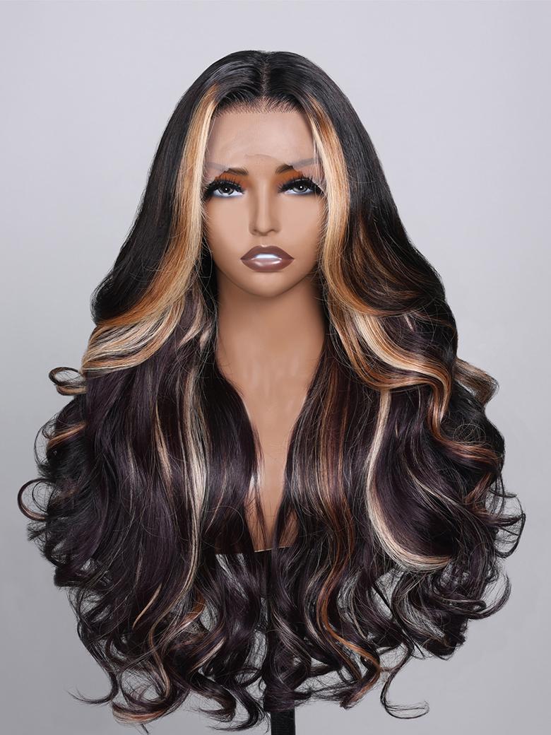 13x4 Lace Front Black Purple Ombre With Blonde Highlights Loose Wave Wig