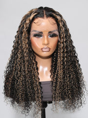 13x4 Lace Front Black Curly Wig With Blonde Piano Highlights