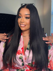 Bye Bye Slip? Wig 7x5 Glueless Lace Black Yaki Straight Wig With Elastic Drawstring 360 Cozy Hug 180% Density