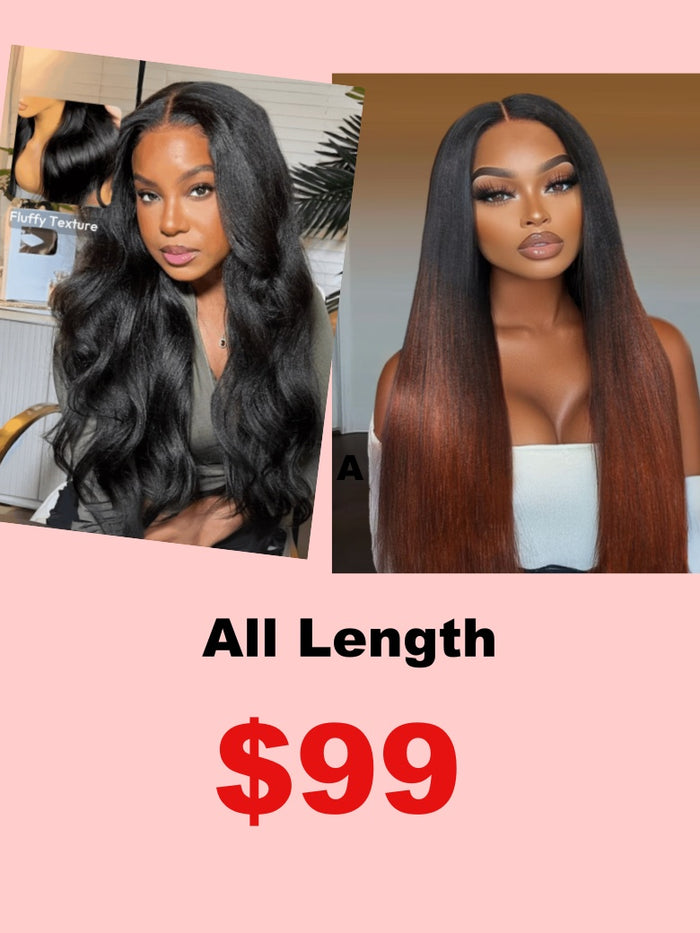 Petaluxe [All $99]Natural Black Yaki V Part Real Scalp Wig with Soft Layers& Black to Reddish Brown Ombre Yaki Straight Glueless Wig 150% Density