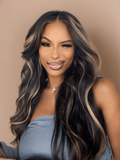 Petaluxe 13x4 Transparent Lace Front Peek A Boo Blonde Highlights Body Wave Black Human Wig