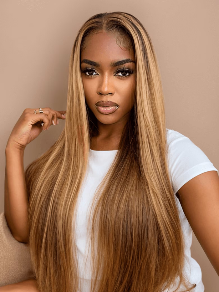 Petaluxe 4x4 Lace Closure Straight Honey Blond Highlight Human Hair Wig
