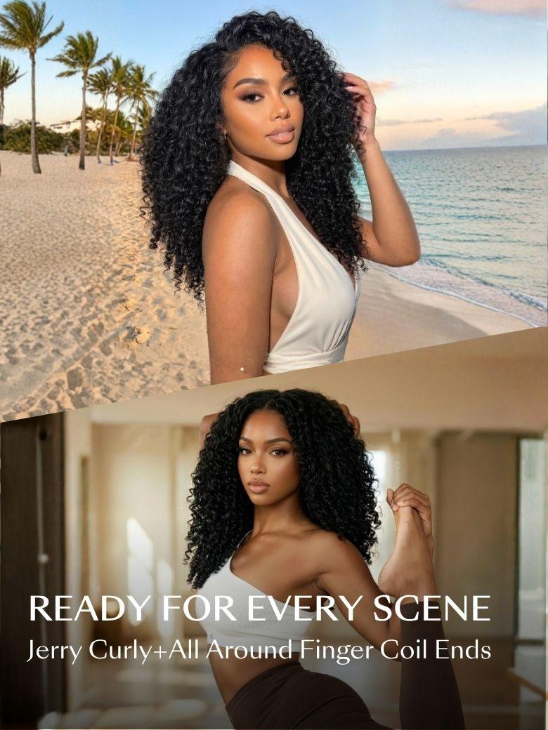 A woman with curly hair��thanks to a glueless no lsip wig for exercise��does a yoga pose indoors in the top image and rock climbs outdoors in the bottom image.