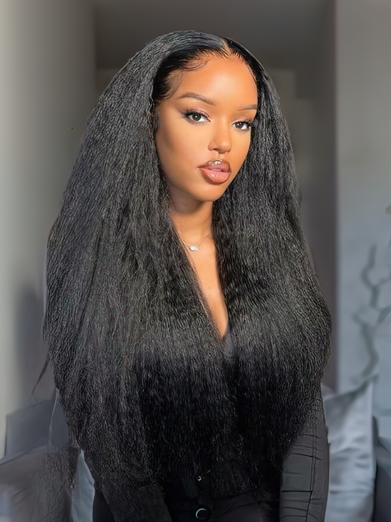 [Plus+ Exclusive] Kinky Straight Hair Thinnest Glueless Invisible 5x5 HD Lace Wig 180% High Density Pre Plucked