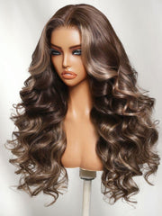 7x5 Bye Bye Slip? Lace Black with Blonde and Caramel Highlights Full Curly Wig with Defined Curls For Beginners
