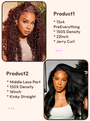 2 Wigs $192 for 22" Reddish Brown 13x4 PreEverything Lace Front Curly Wig And 16" Middle Lace Part Kinky Straight Wig