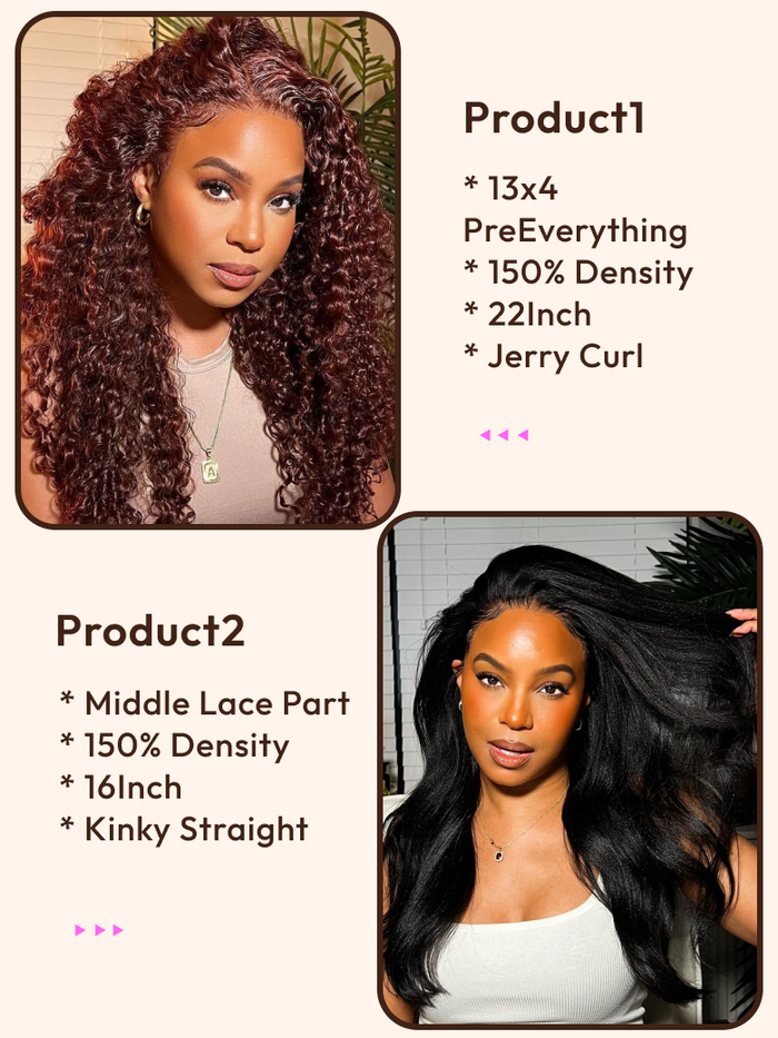 Petaluxe 2 Wigs $192 for 22" Reddish Brown 13x4 PreEverything Lace Front Curly Wig And 16" Middle Lace Part Kinky Straight Wig