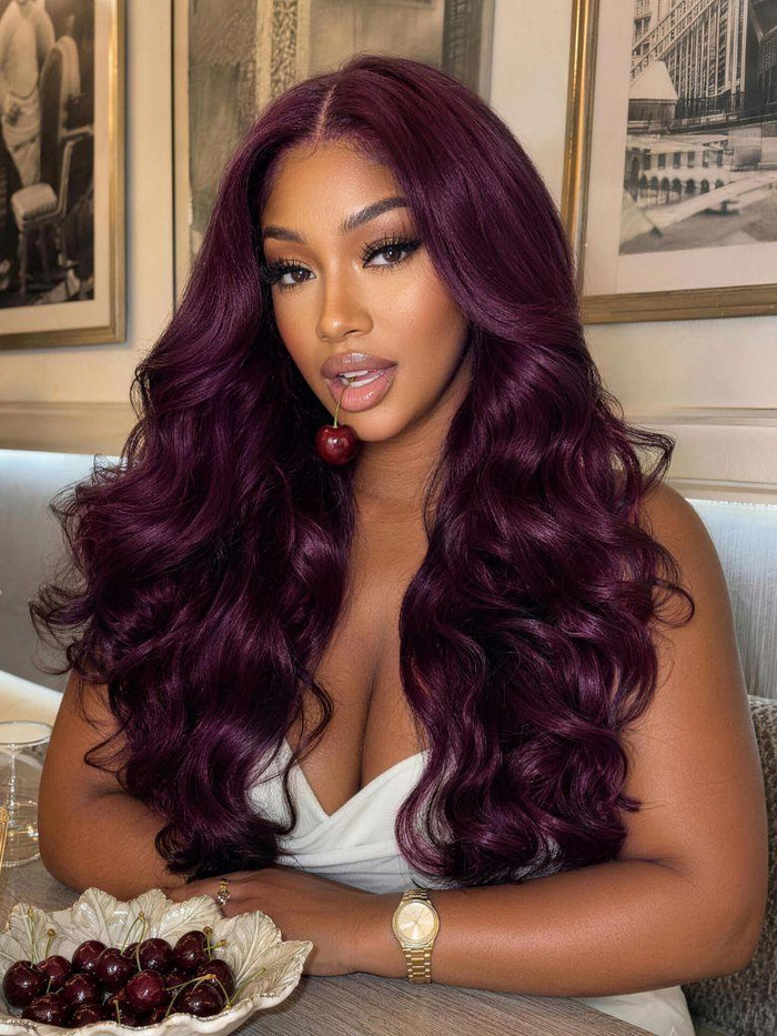 Petaluxe 13x4 Bye Bye Slip? Lace Frontal Purple Burgundy Body Wave Glueless Wig with Invisi Drawstring