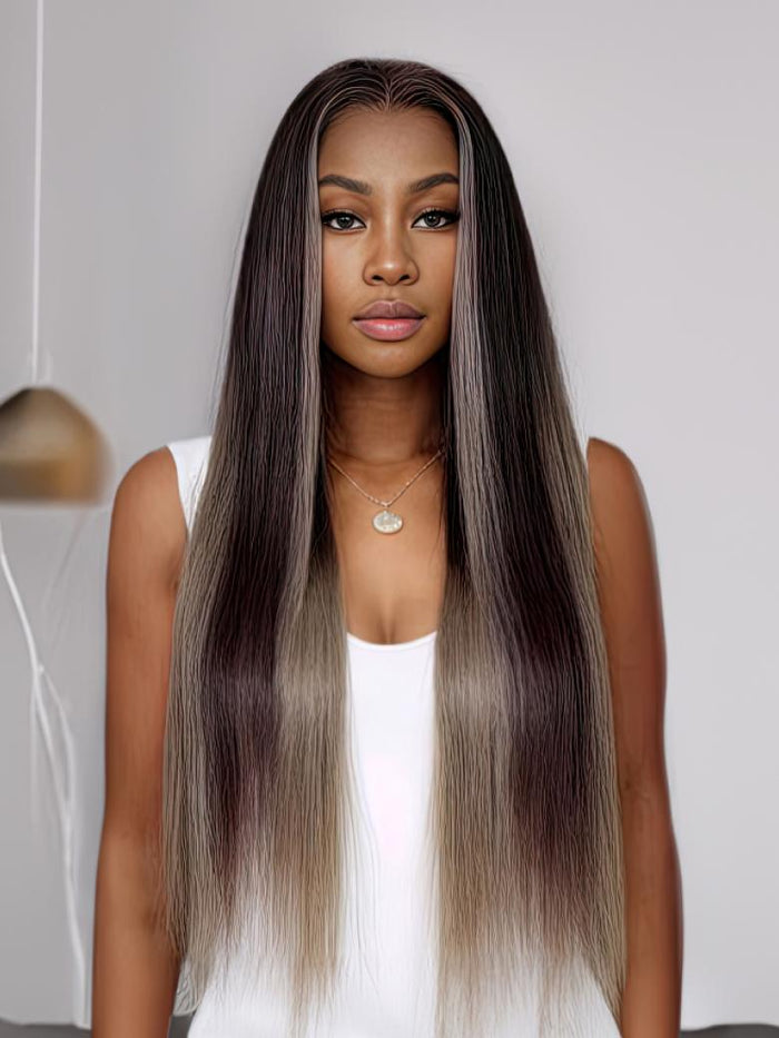 Petaluxe 24 Inch 13x4 Lace Front Ash Purple Ombre Straight Human Hair Wig