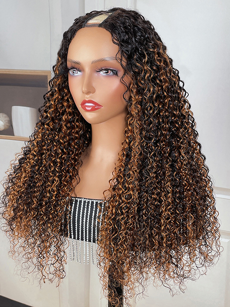 Glueless Jerry Curly New U Part Ombre Wig With Blonde Highlights