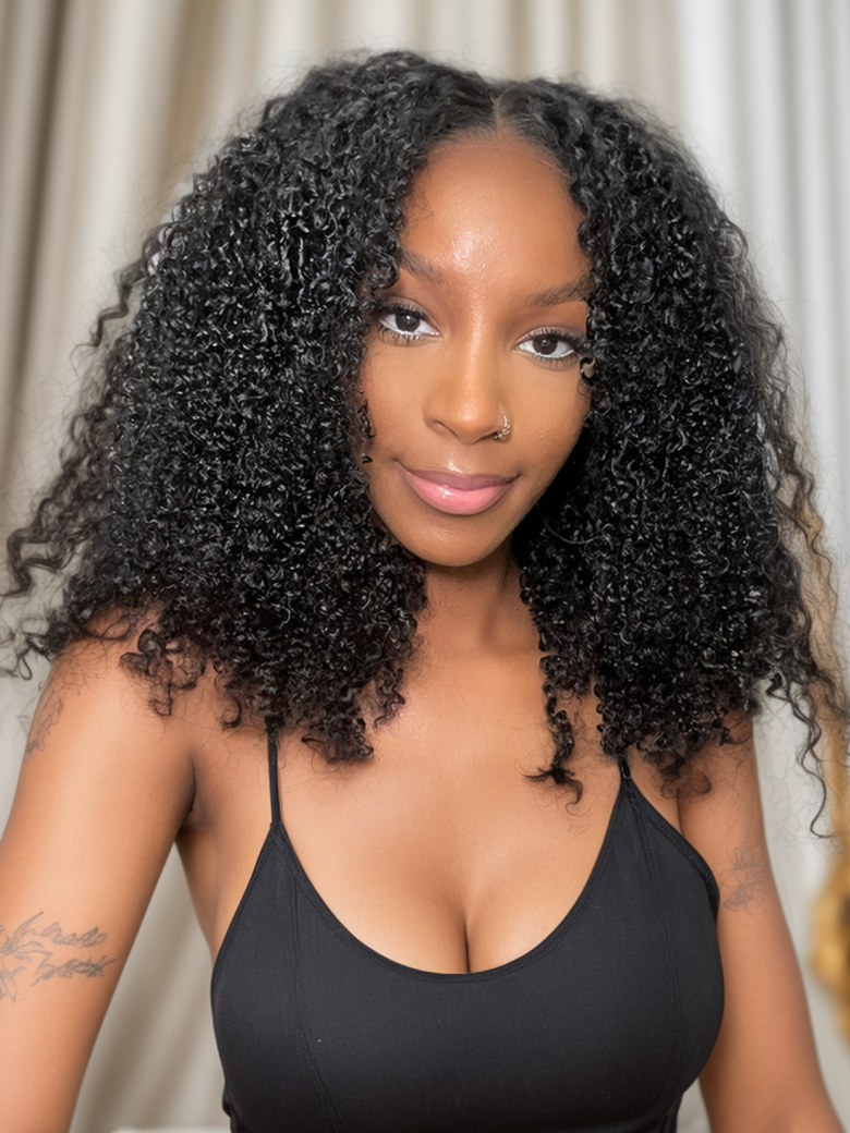 200% Density V Part Kinky Curly Glueless Real Human Hair Wigs Coily Hair Wigs NO Glue NO Gel NO Lace Natural Scalp