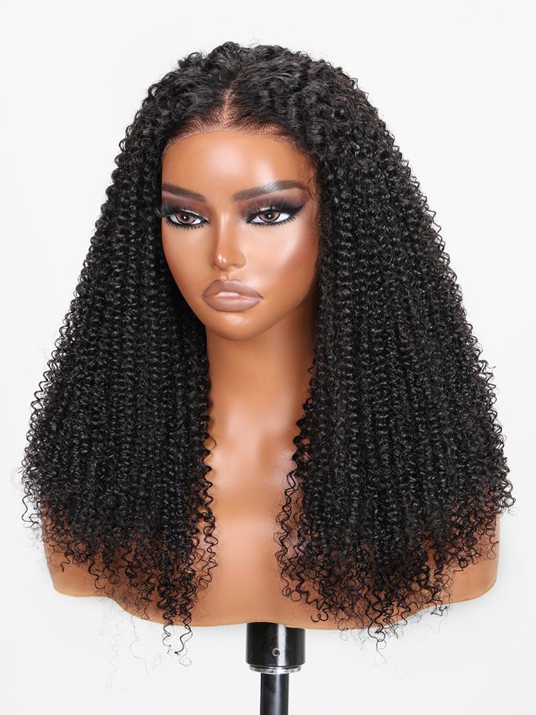 [From 20"] 6x4.5 Pre Cut Lace Put On And Go Glueless Kinky Curly Black Air Wig 150% Density