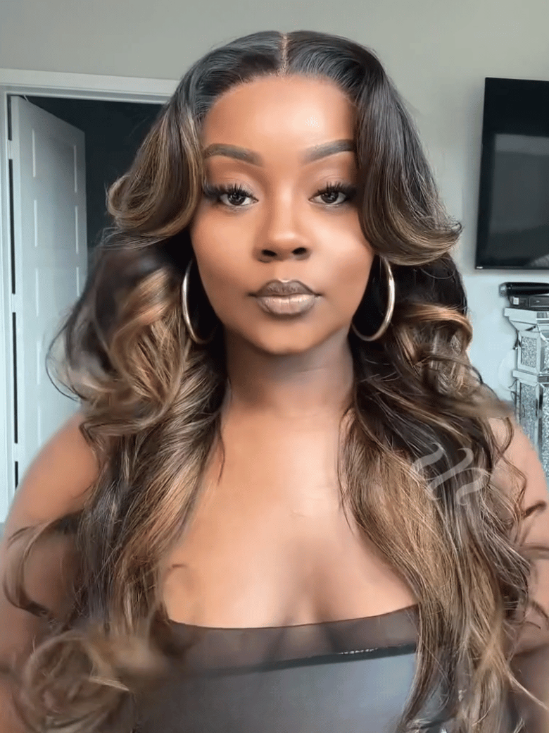 [$100-$50] 7x5 Bye Bye Slip? Balayage Highlight Body Wave & Curtain Bangs Wig �C Glueless Lace Pull & Go with Invisi Drawstring