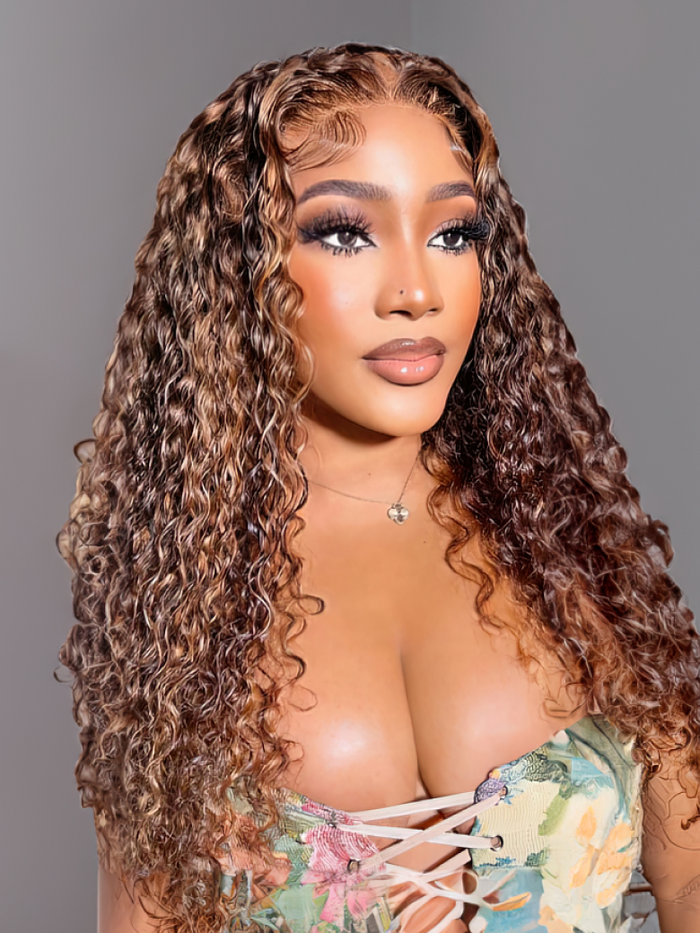 Petaluxe 13x4 Lace Front Toffee Brown With Highlights And Cute Curls 150% Density Wigs