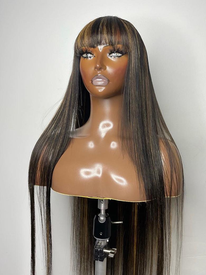 13x4 Lace Front Black With Honey Blonde Streaks Straight Wig With Chinese Bangs