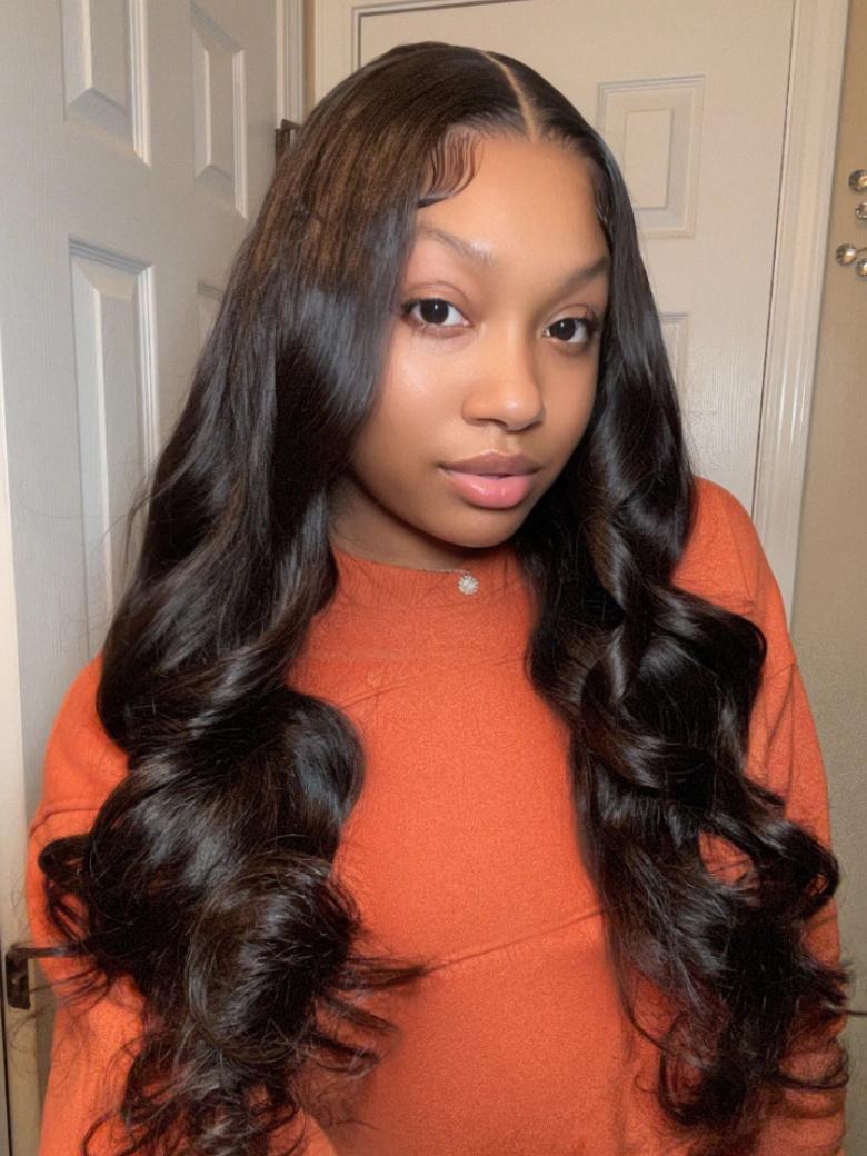 200% Density 13x4 Lace Frontal Body Wave Black Wig Pre Plucked Hairline 100% Human Hair