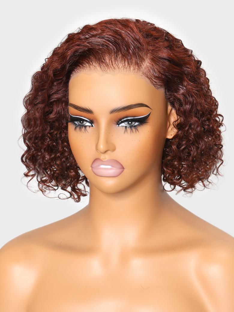 Bye-Bye Knots Lace Frontal Side Part Wig Reddish Brown Short Curly Bob Wig
